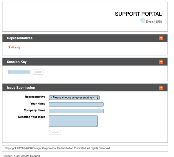 Screenshot of Bomgar Support Portal Screenshot of Bomgar Support Portal